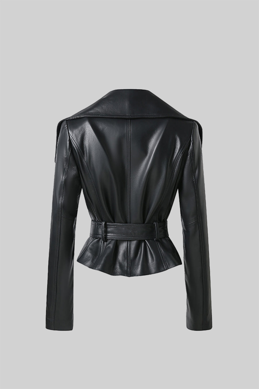 Wide Lapel Leather Jacket With Belt - Black