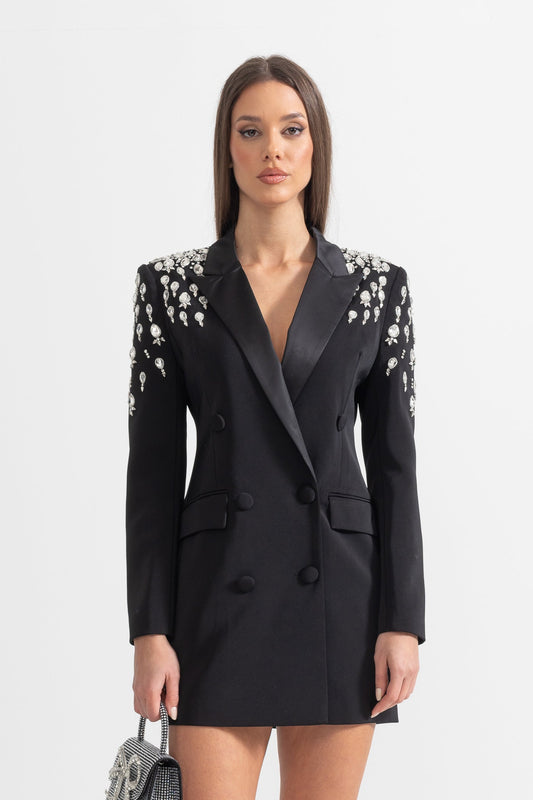 Elegant Blazer With Diamond Embellished Shoulders - Black