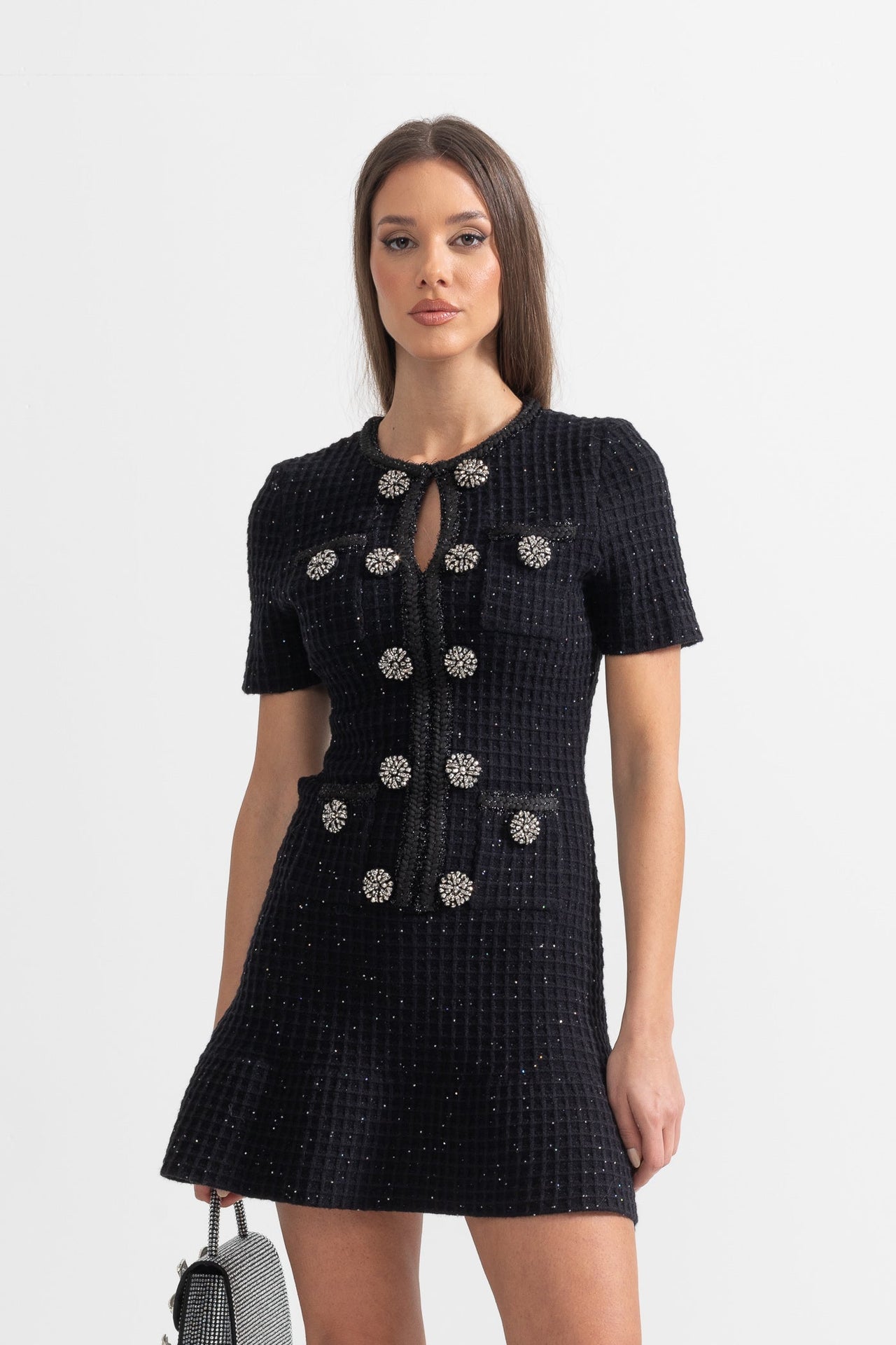 Short Sleeve Knee-Length Knitted Dress - Black