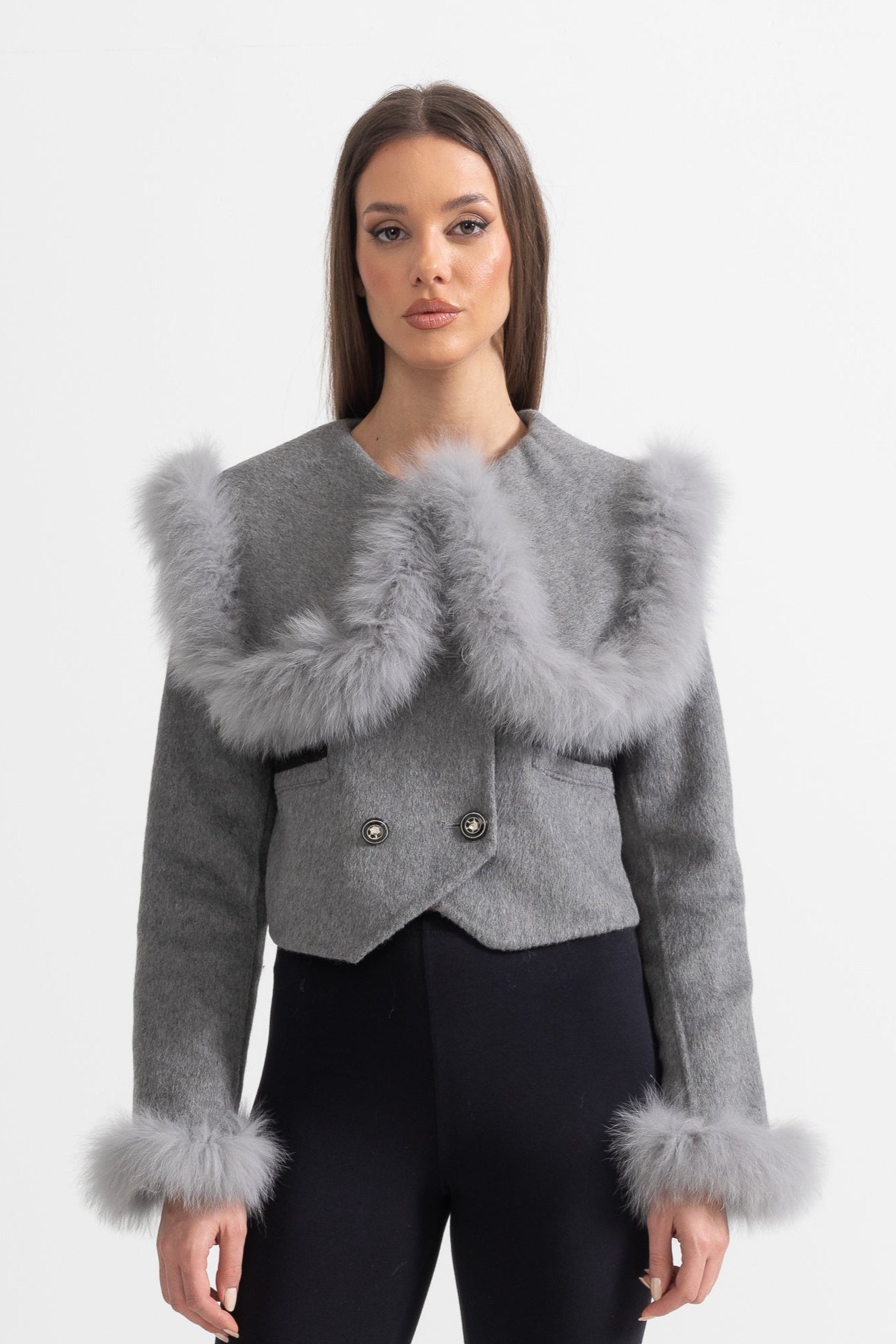 Double Breasted Cropped Jacket With Fur Collar Embellishment - Gray