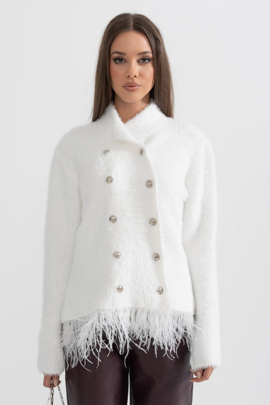 Double Breasted Textured Jacket With Fringed Hem - White