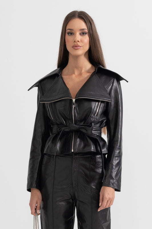 Wide Lapel Leather Jacket With Belt - Black