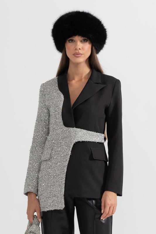 Contemporary Dual-Tone Blazer With Asymmetrical Hem - Black And Silver