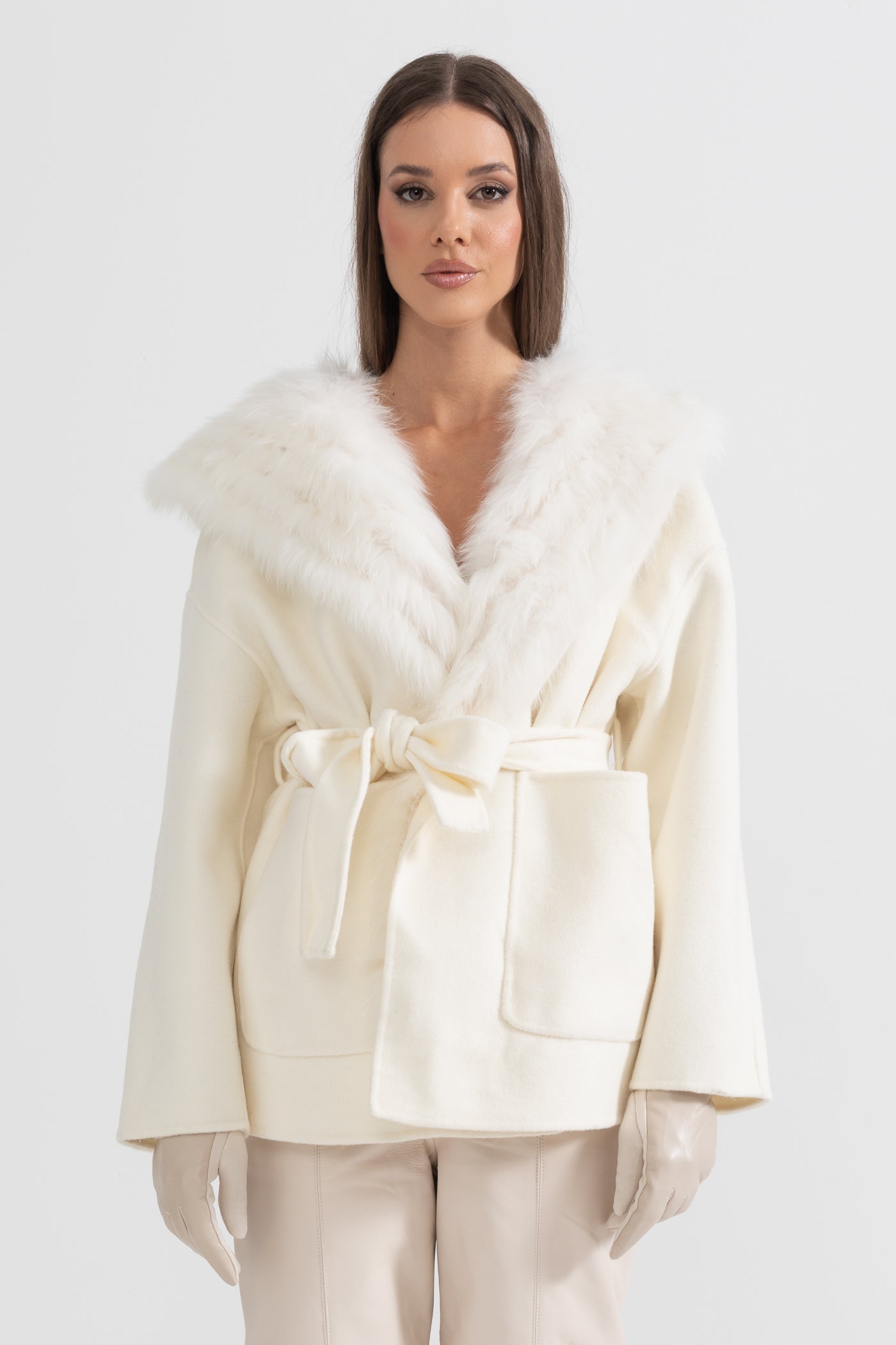 Fur-Collar Jacket With Oversized Hood And Waistband - Ivoire