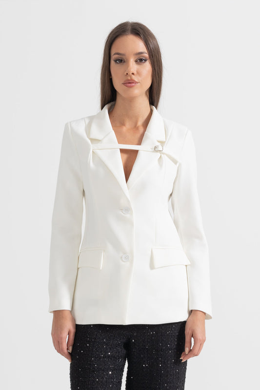 Tailored Blazer With Chest-Crossing Strap - White