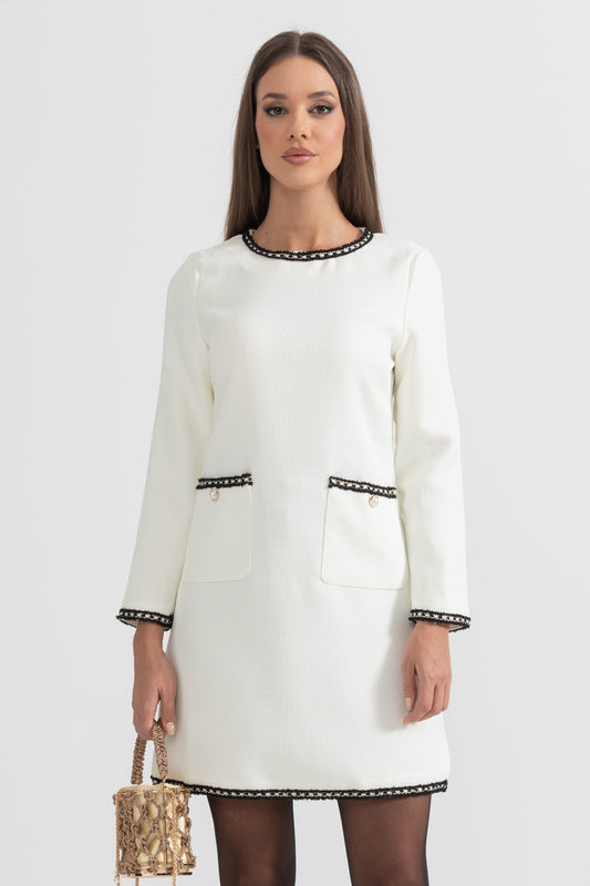 Textured Dress With Black Stitching Details - White