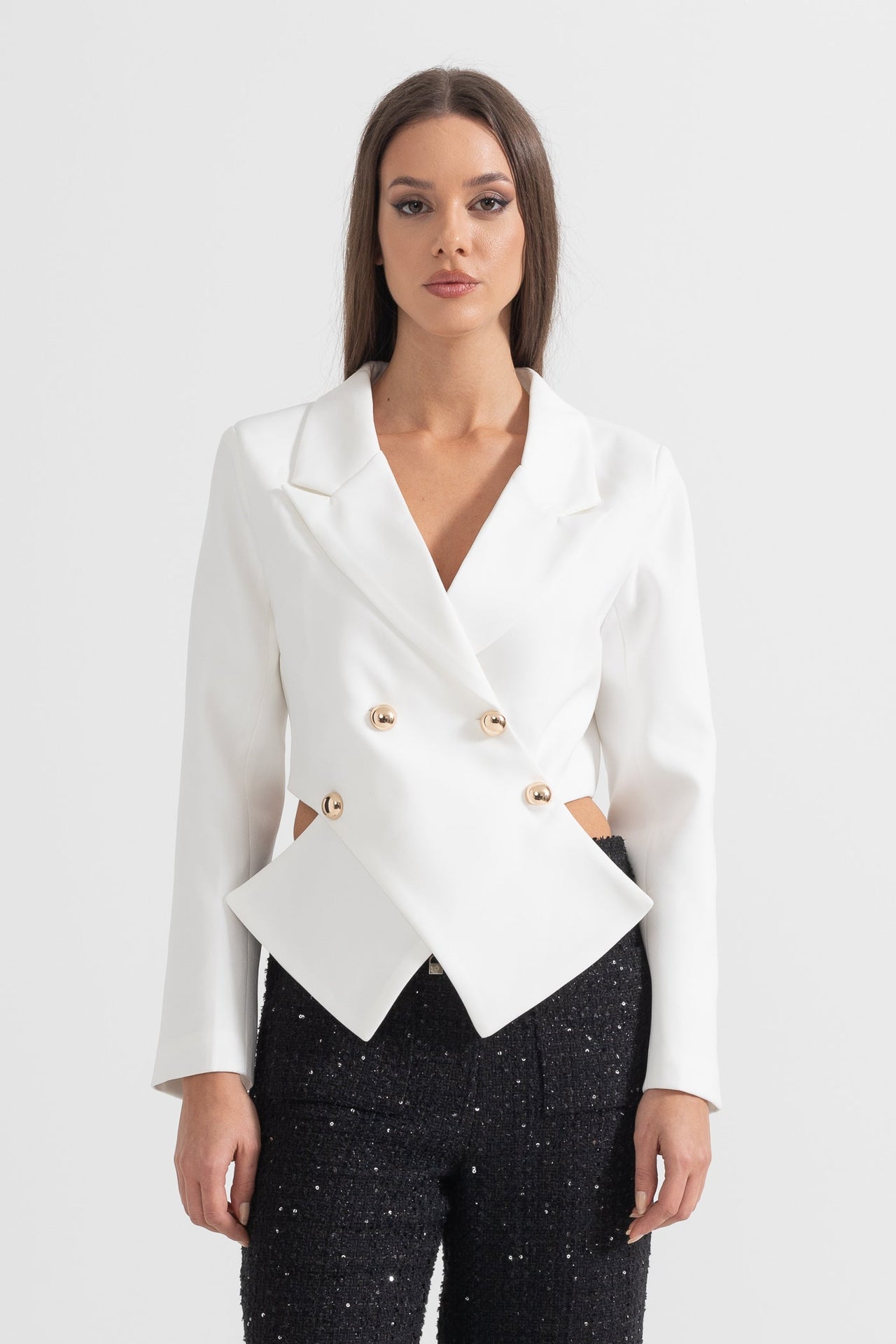 Contemporary Blazer With Crossed Front Closure - White