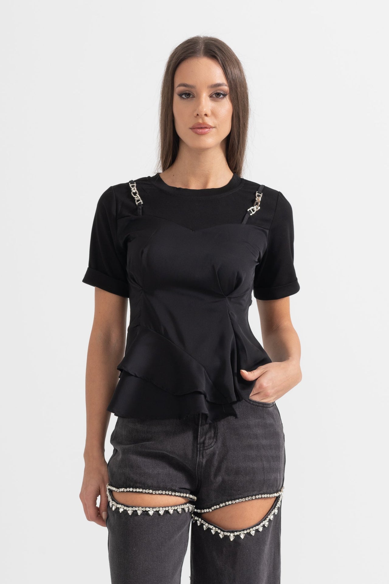 Asymmetrical Pleated Top With Shoulder Chains - Black