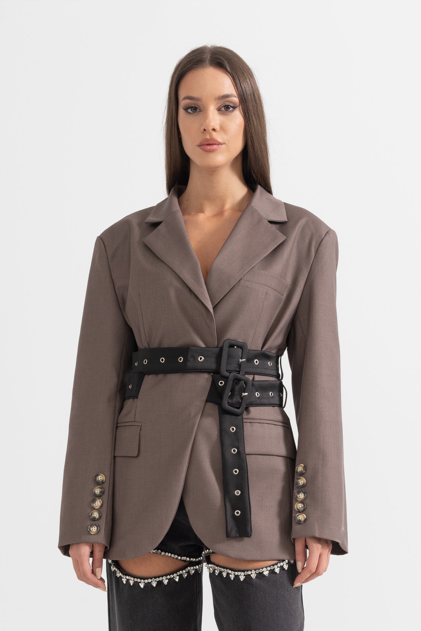 Contemporary Blazer With Dual Belt - Brown