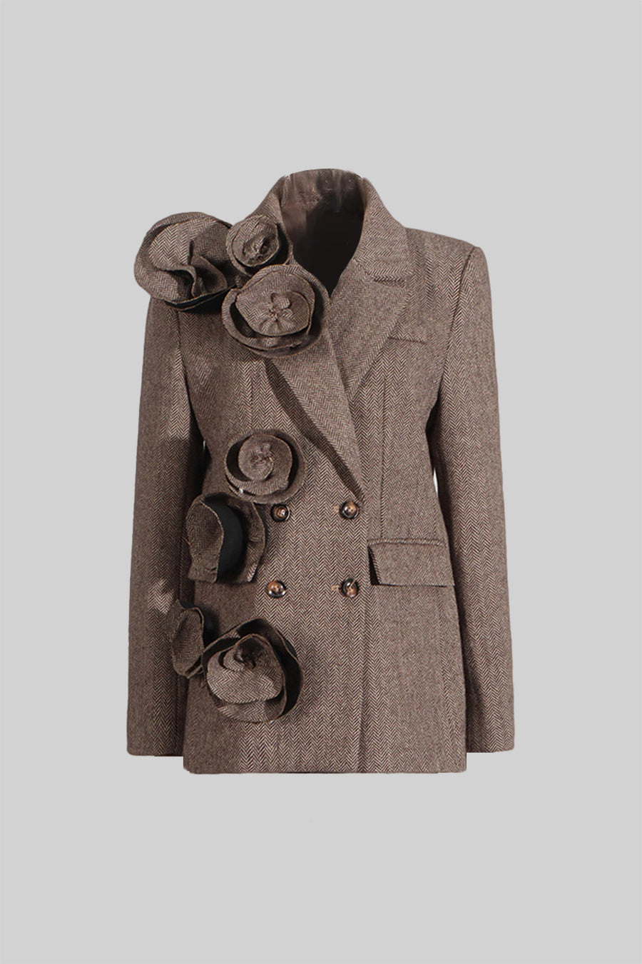 Blomsterpyntet dobbeltbrystet tweed blazer - brun