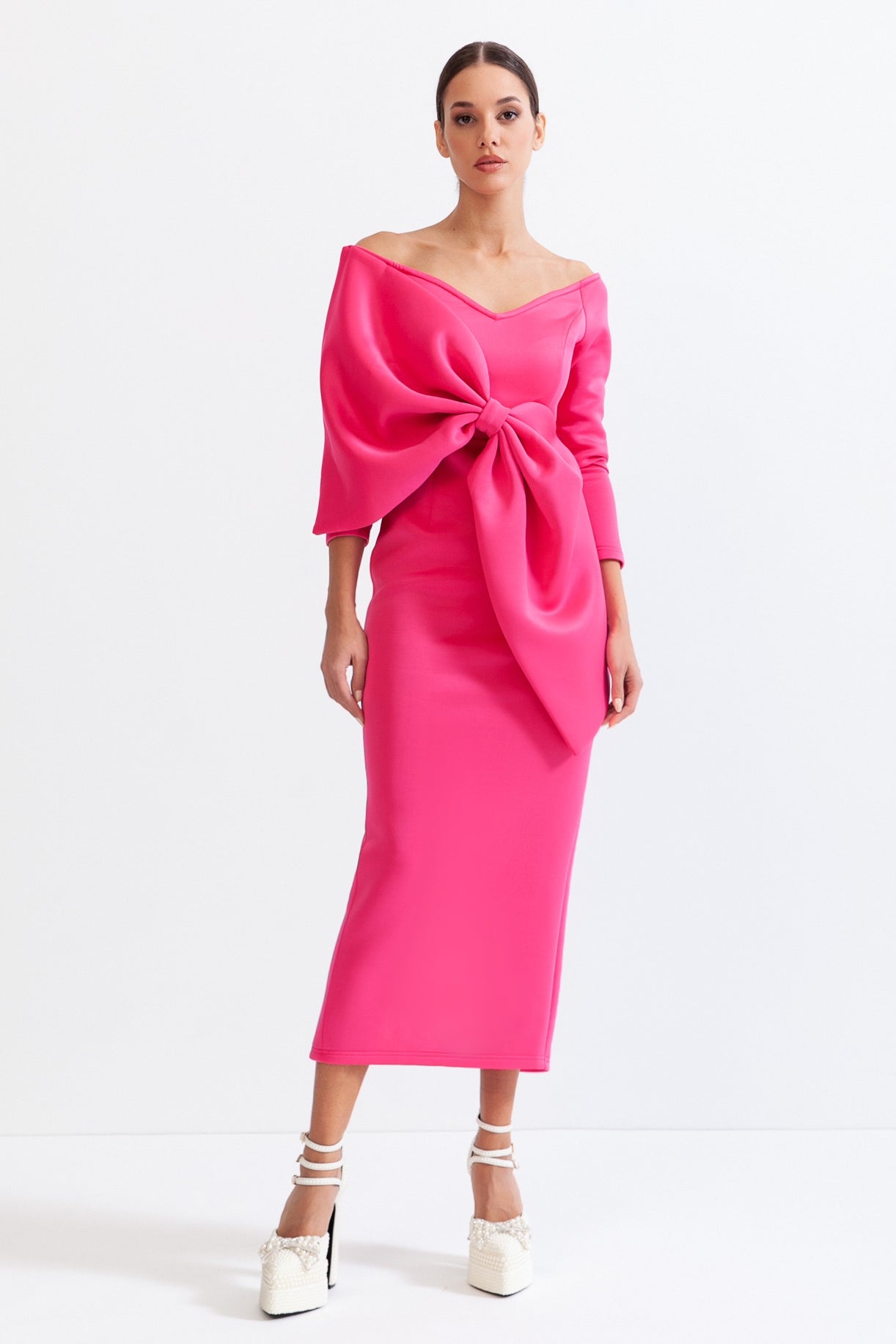 Long Sleeve Cut Out Ribbon Midi Dress - Fuchsia