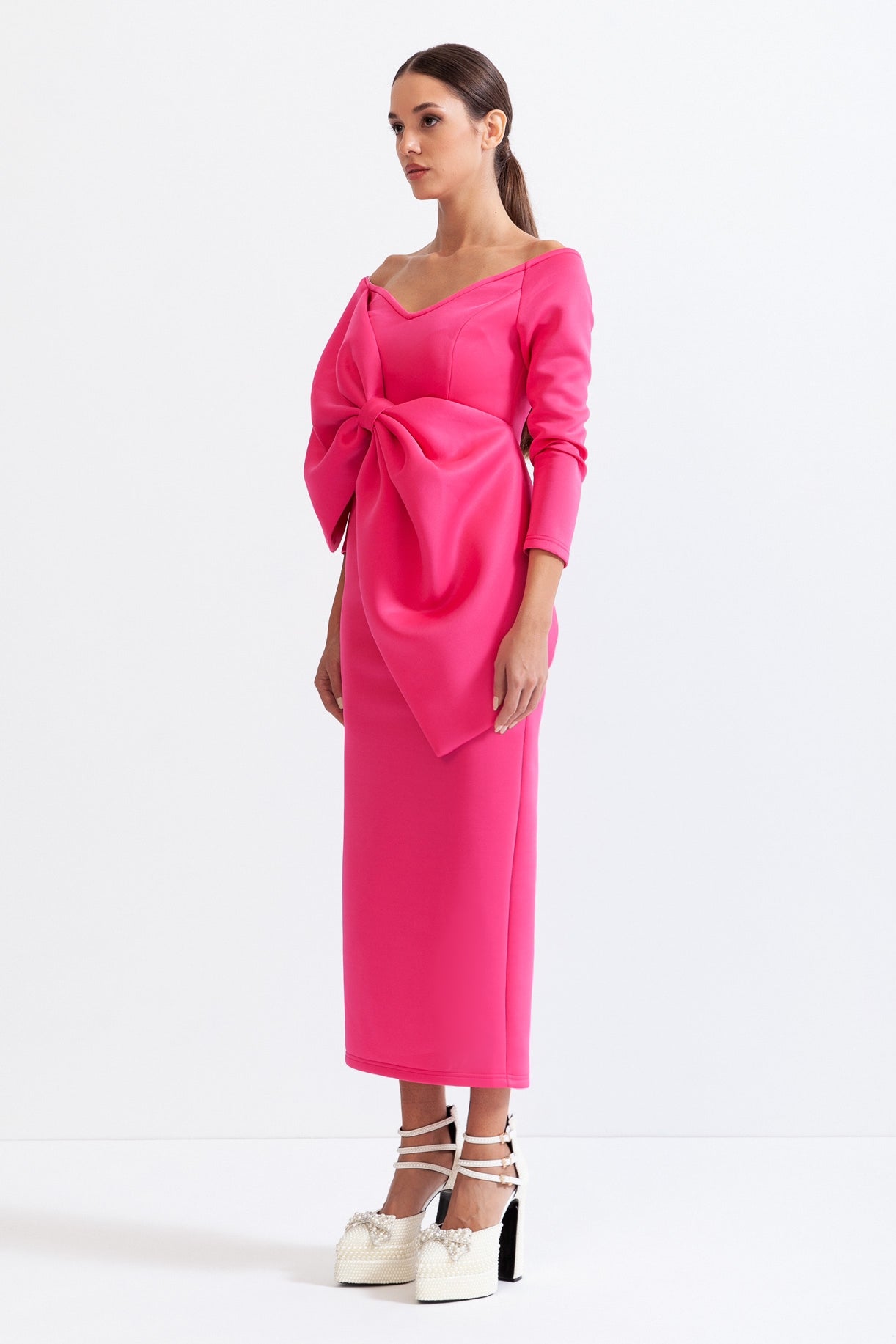 Long Sleeve Cut Out Ribbon Midi Dress - Fuchsia