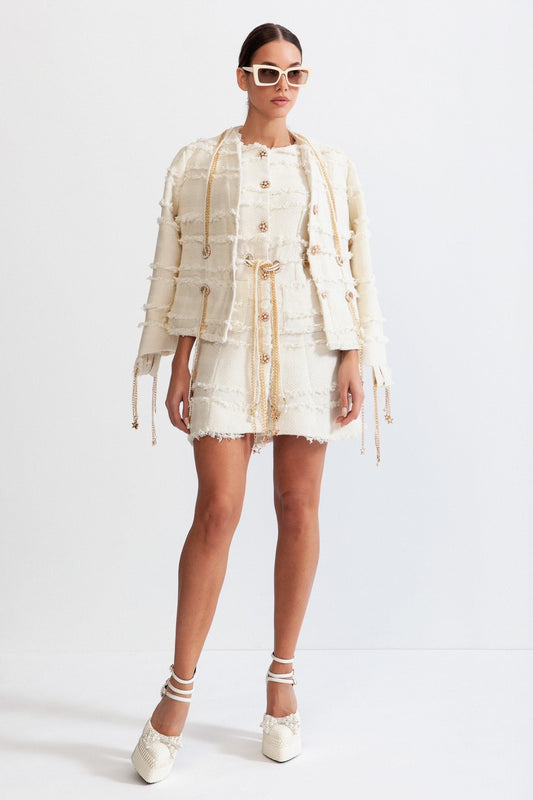 Pearl Chain Tweed Blazer - beige