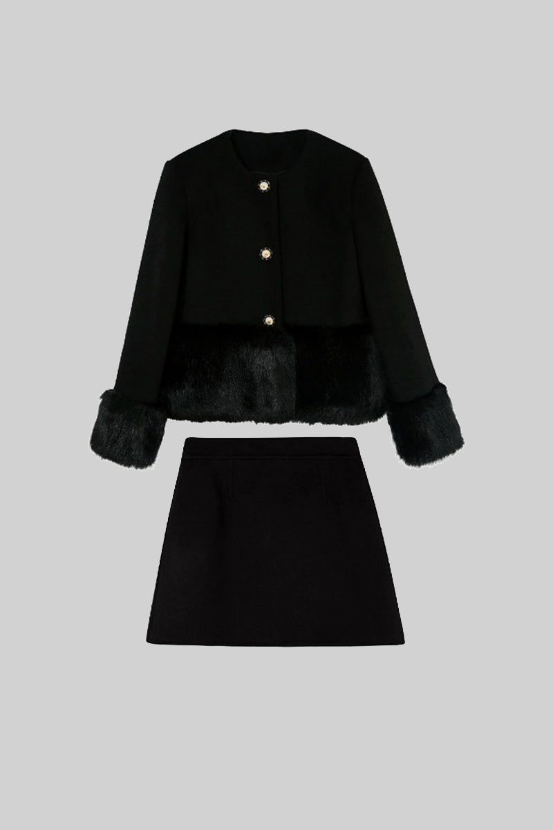 Faux fur Co-Ord with jacket and skirt - Black