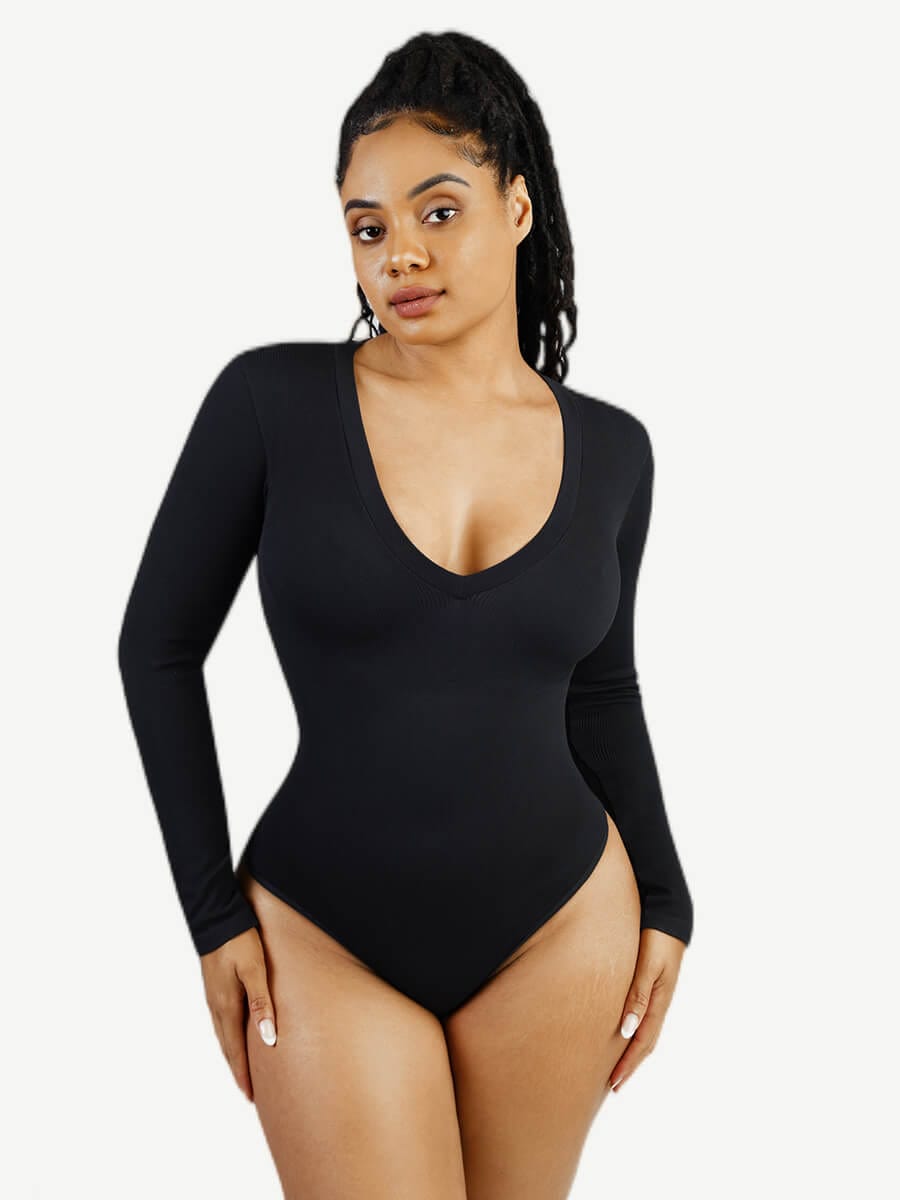 V-hals langærmet bodysuit