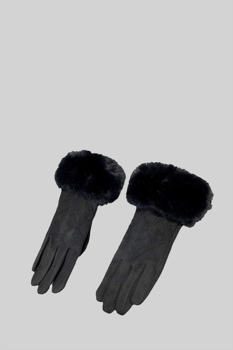 Suede Quilted Gloves With Fur - Black