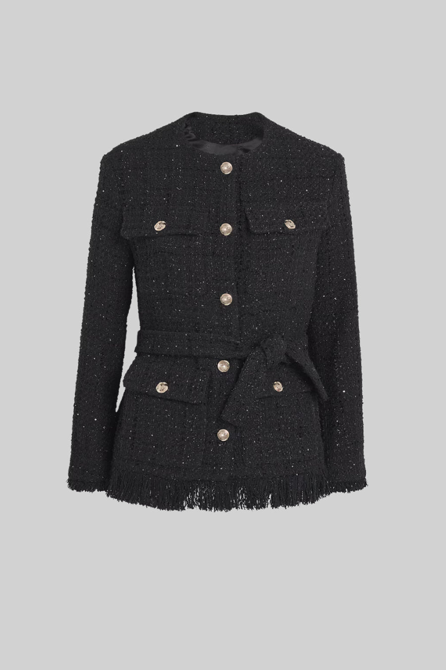 Elegant Tweed Blazer With Waist Belt - Black