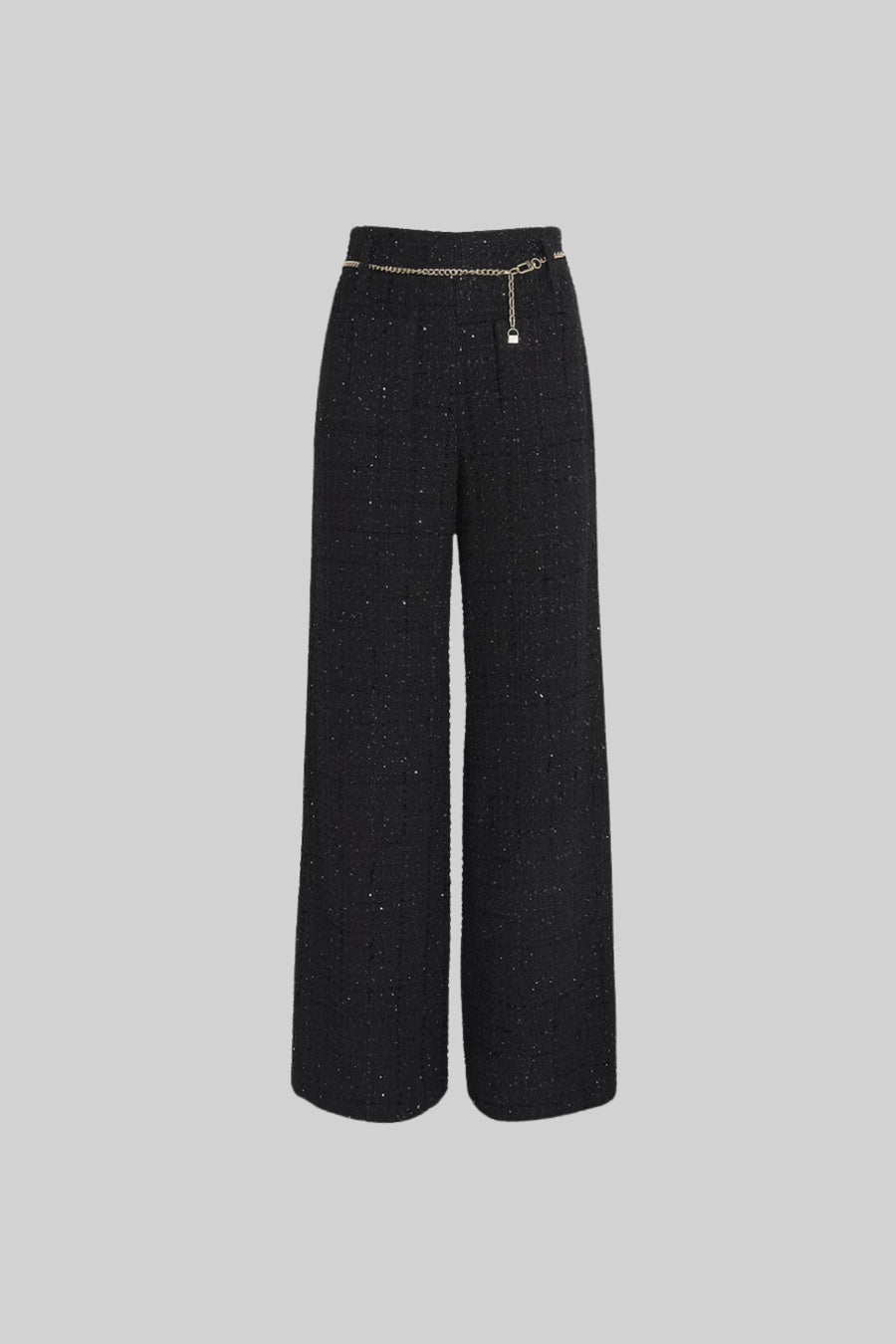 High-Waisted Wide-Leg Trousers With Chain Detail - Black