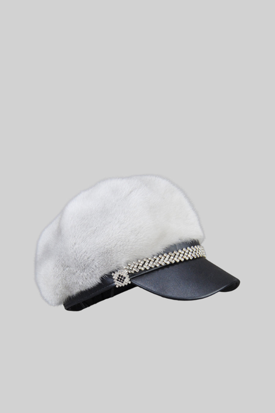 Mink Fur Hat With Leather Visor - White