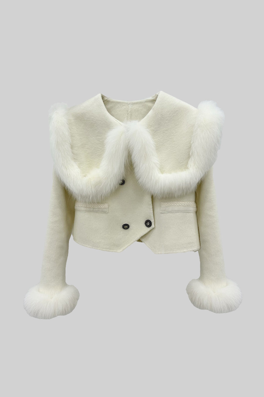 Double Breasted Cropped Jacket With Fur Collar Embellishment - White